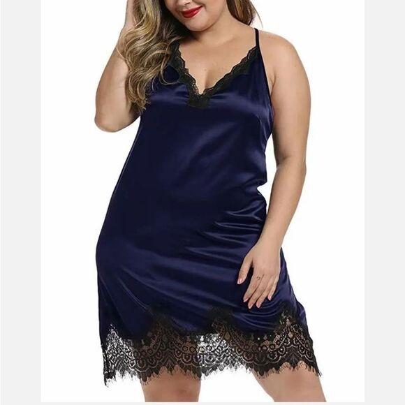 Women Plus Size Satin Chemise Babydoll Lace Trim Lingerie Full Slips Nightgown - Picture 1 of 5